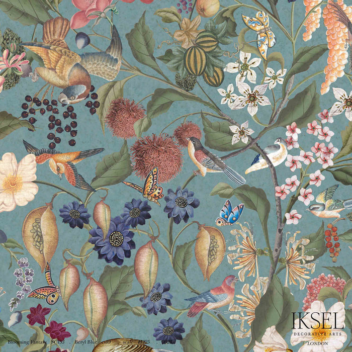 Schumacher Blooming Fantasy Beryl Blue Wallpaper Sample IK8001