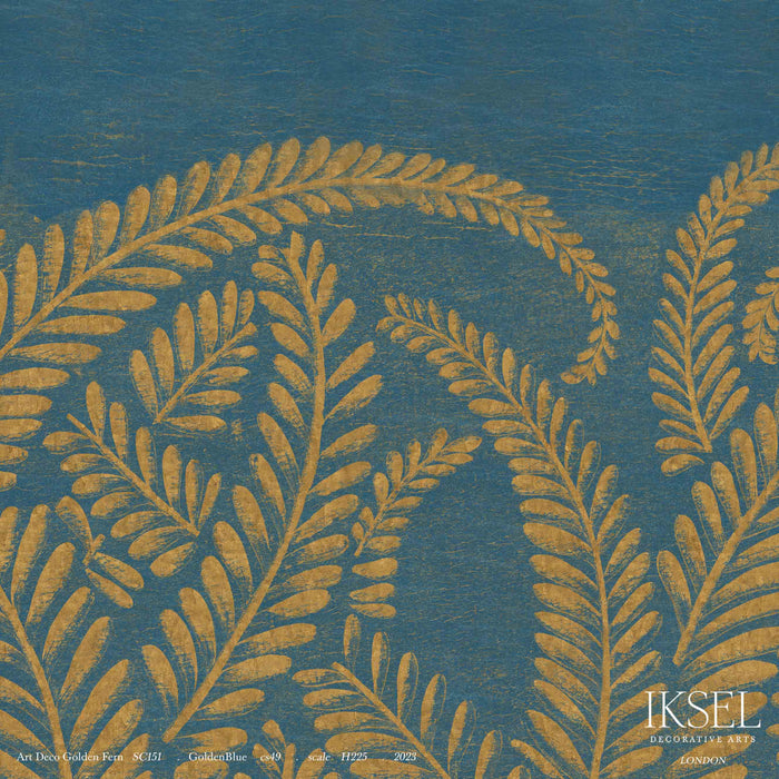 Schumacher Art Deco Golden Fern Golden Blue Wallpaper Sample IK8402
