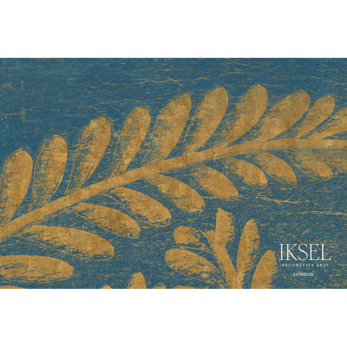 Schumacher Art Deco Golden Fern Golden Blue Wallpaper Sample IK8402