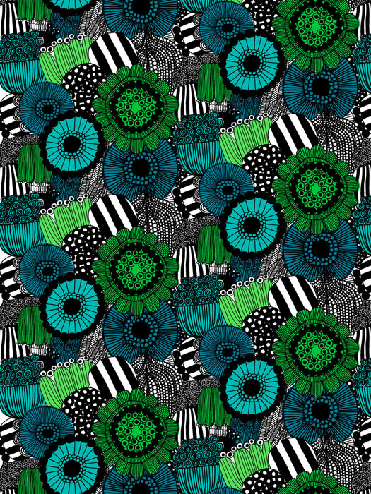 Marimekko Pieni Siirtolapuutarha Print Blues Green & Black Fabric Sample KK679140160