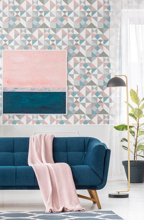 Seabrook Designs Lozenge Geometric Metallic Silver & Perry Teal Wallpaper Sample KTM1270