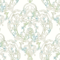 Seabrook Designs Roxen Damask Turquoise, Off-white, And Mint Wallpaper LG90702