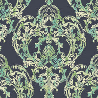 Seabrook Designs Roxen Damask Navy, Off-white, And Mint Wallpaper LG90712