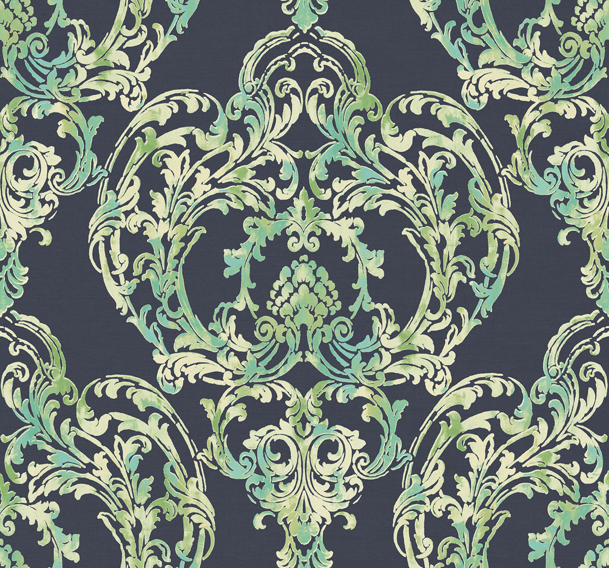 Seabrook Designs Roxen Damask Navy, Off-white, And Mint Wallpaper LG90712