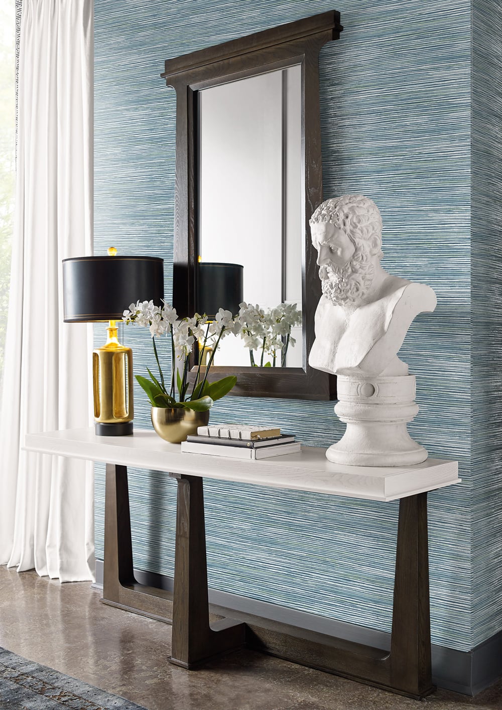 Lillian August Osprey Faux Grasscloth Midnight Blue, Spearmint, And Ice Wallpaper Sample LN10302