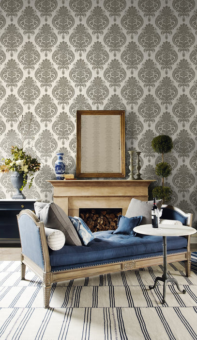 Lillian August Antigua Damask Charcoal And Ivory Wallpaper Sample LN10400