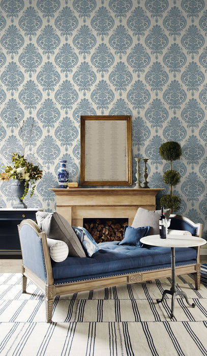 Lillian August Antigua Damask Air Force Blue And Alabaster Wallpaper Sample LN10402