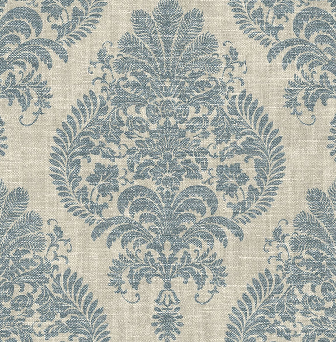 Lillian August Antigua Damask Air Force Blue And Alabaster Wallpaper Sample LN10402