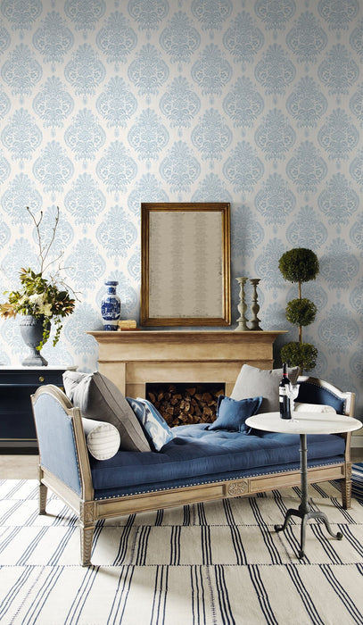 Lillian August Antigua Damask Blue Frost And Bone White Wallpaper Sample LN10412