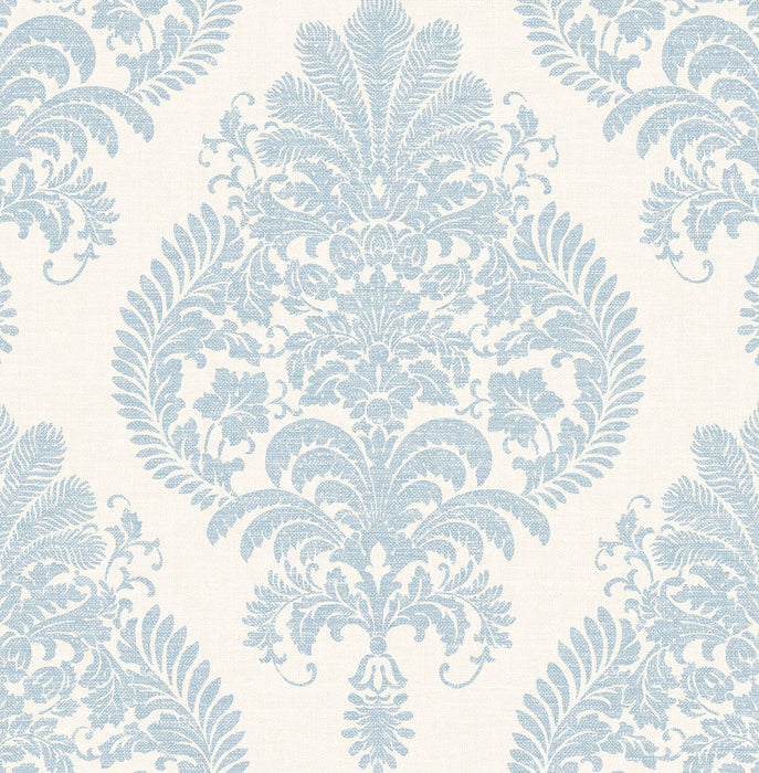 Lillian August Antigua Damask Blue Frost And Bone White Wallpaper Sample LN10412