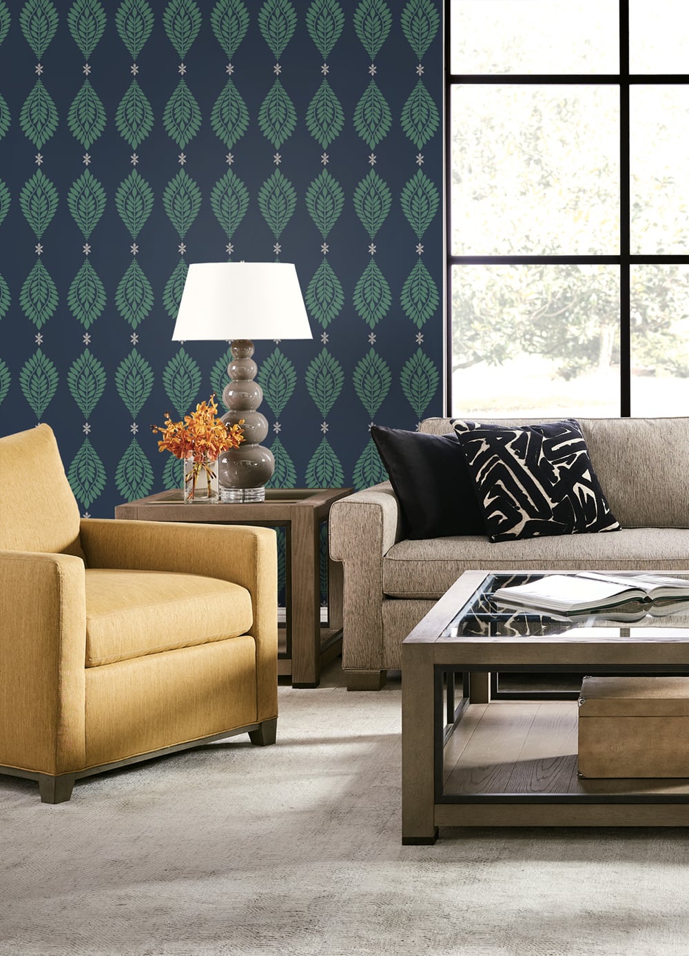 Lillian August Mirasol Palm Frond Midnight Blue And Spearmint Wallpaper Sample LN10612