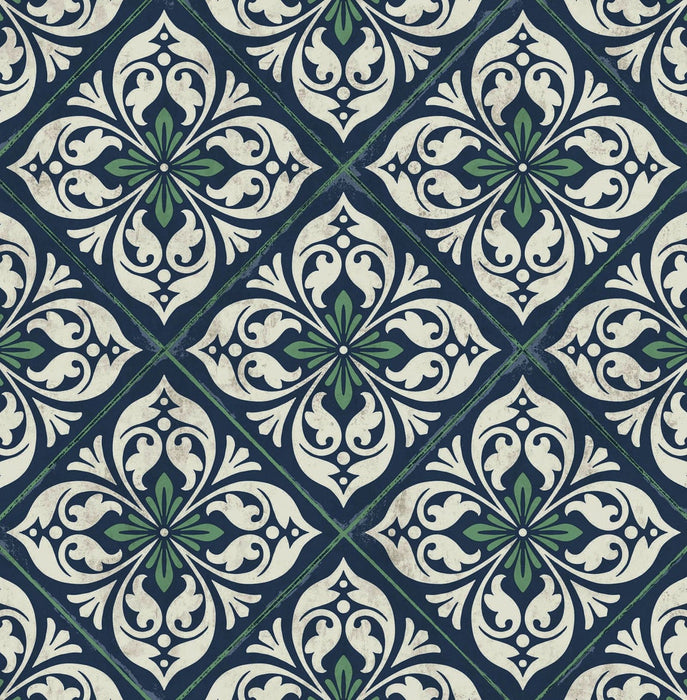Lillian August Plumosa Tile Midnight Blue And Spearmint Wallpaper Sample LN11012