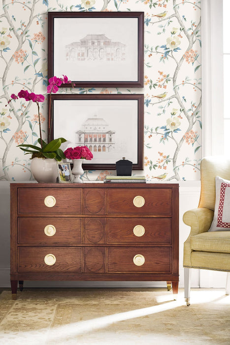 Lillian August Southport Floral Trail Eggshell, Melon, And Carolina Blue Wallpaper LN11101