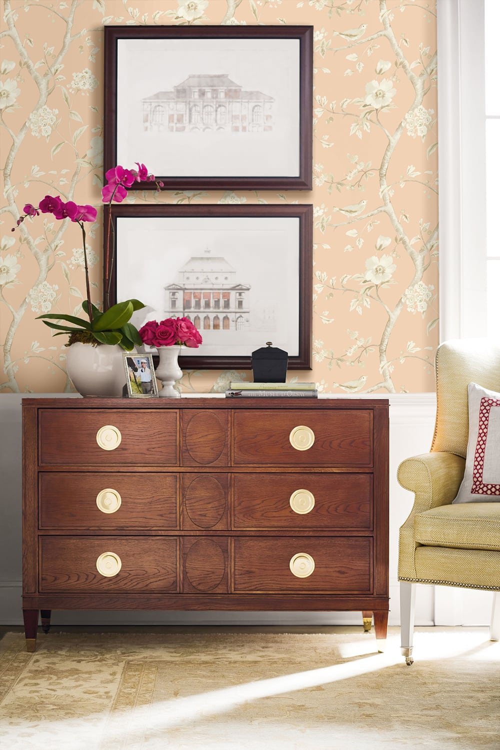 Lillian August Southport Floral Trail Soft Melon And Arrowroot Wallpaper Sample LN11111