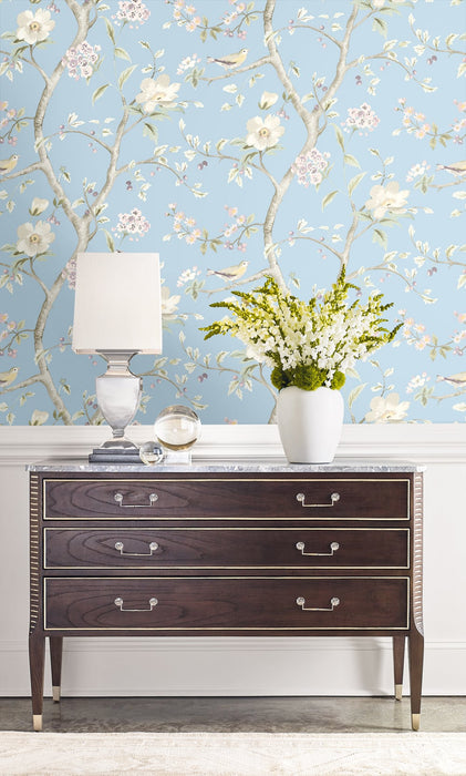 Lillian August Southport Floral Trail Sky Blue And Arrowroot Wallpaper LN11112