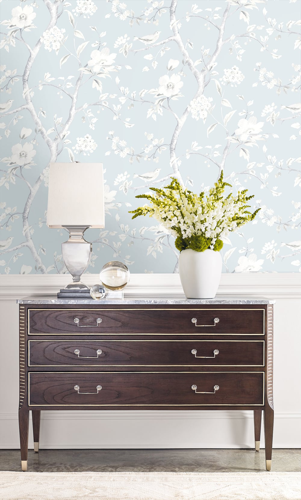 Lillian August Southport Floral Trail Blue Frost And Cove Gray Wallpaper Sample LN11122