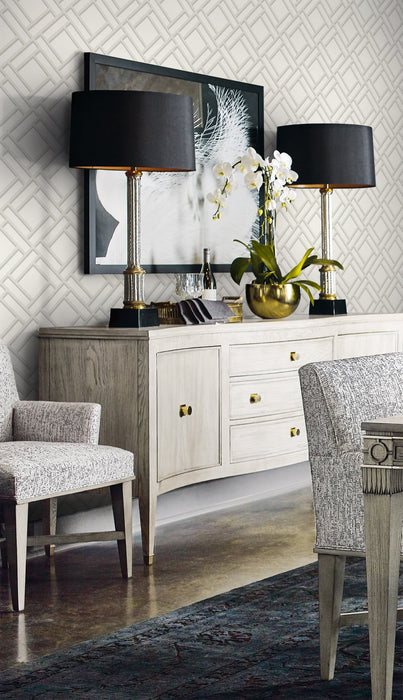 Lillian August Block Trellis Metallic Silver And Eggshell Wallpaper LN11500