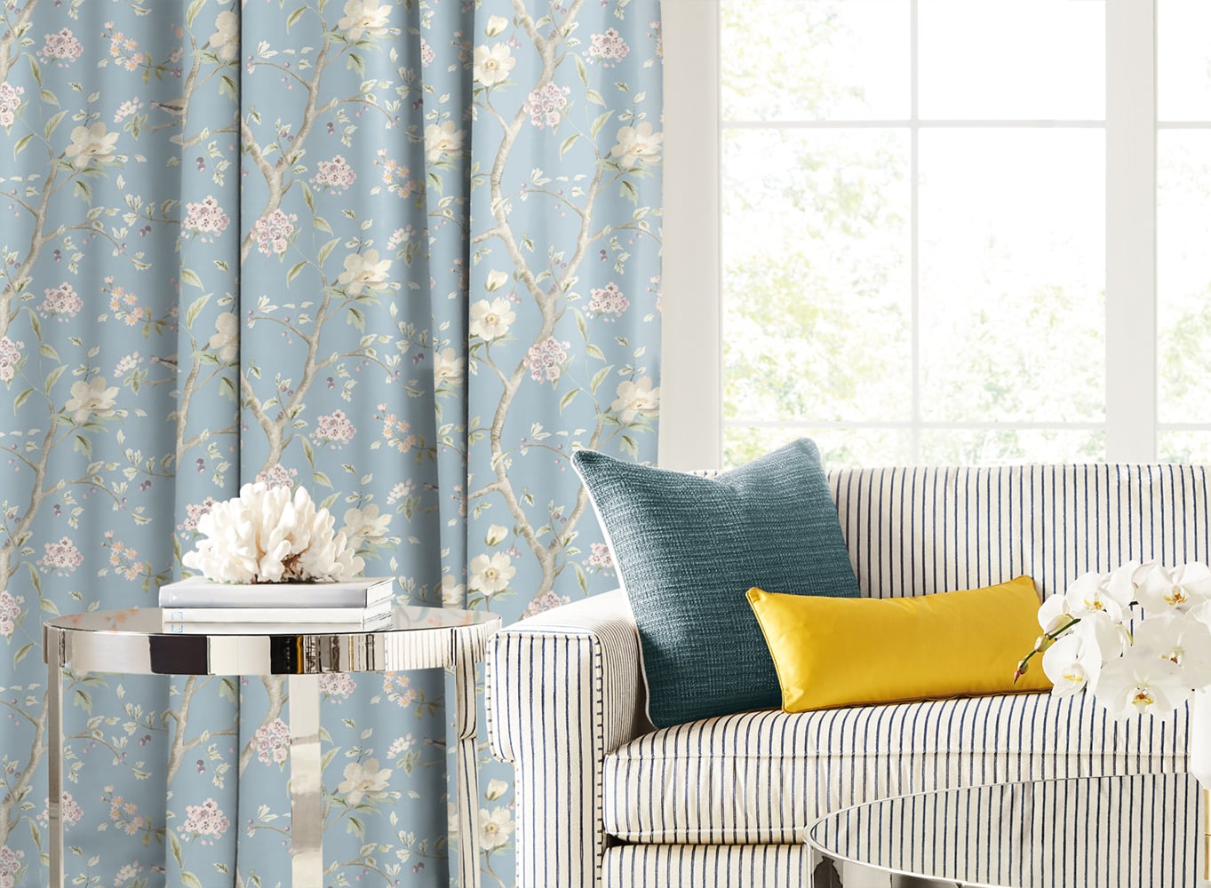 Lillian August Southport Floral Trail Fabric Sky Blue And Arrowroot Fabric Sample LN11912F