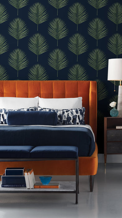 Lillian August Maui Palm Midnight Blue & Paradise Green Wallpaper Sample LN20022