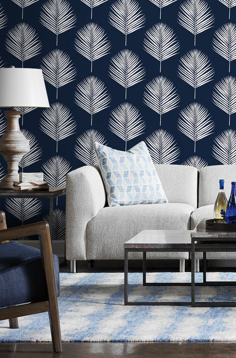 Lillian August Maui Palm Midnight Blue & White Wallpaper Sample LN20032
