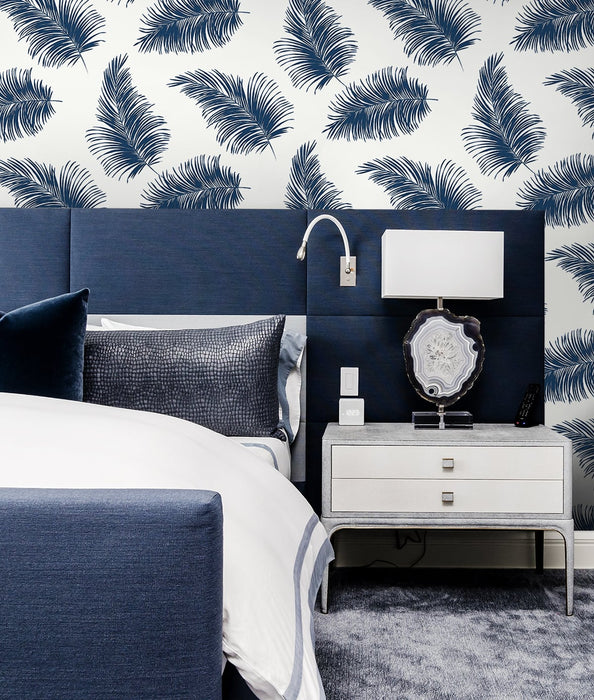Lillian August Tossed Palm White & Navy Wallpaper Sample LN20312