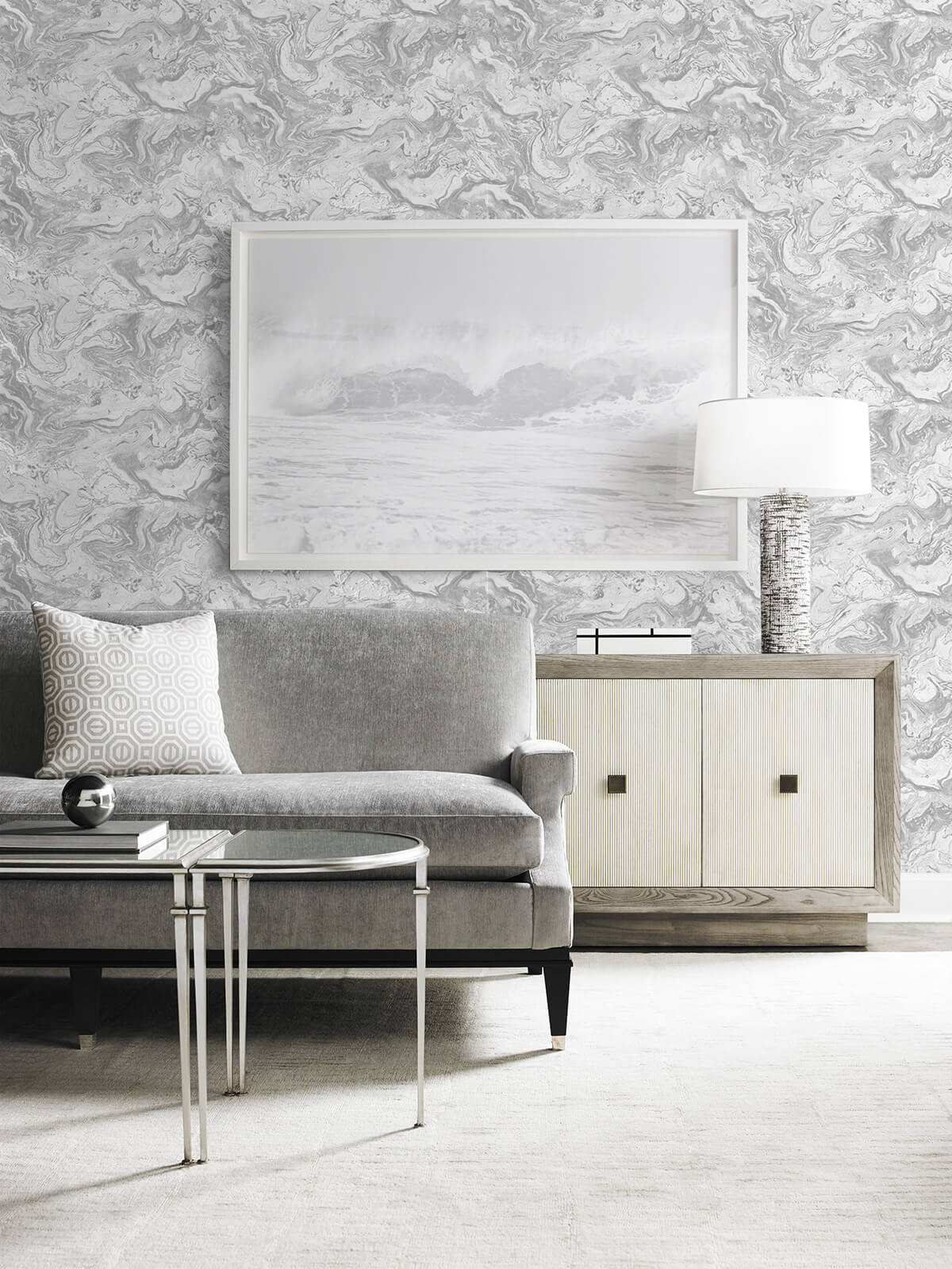 Lillian August Faux Marble Calcutta & Metallic Silver Wallpaper LN21003