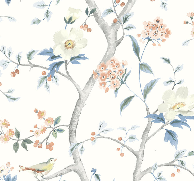 Lillian August Floral Trail Melon & Carolina Blue Wallpaper Sample LN21301