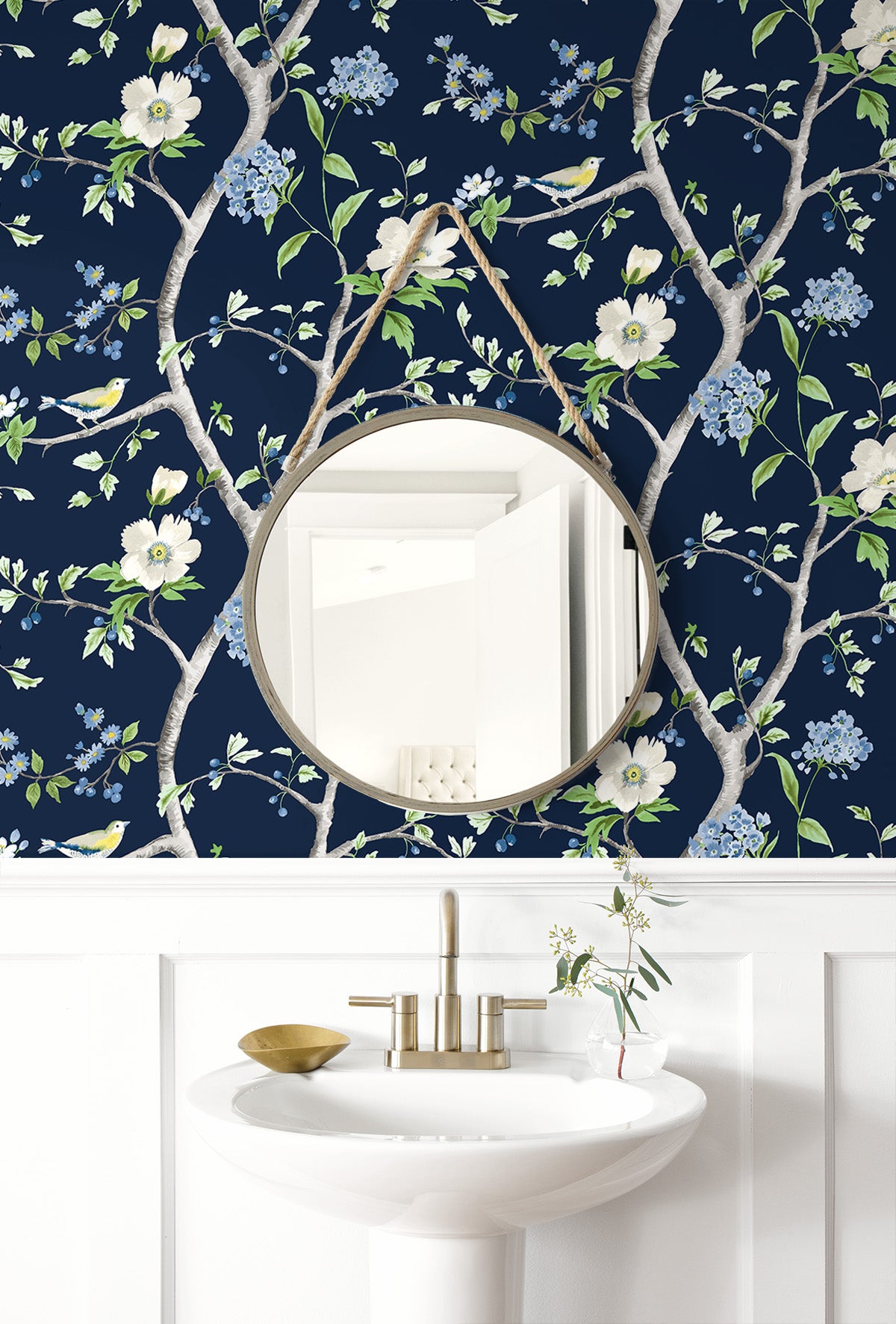 Lillian August Floral Trail Navy Blue & Spring Green Wallpaper Sample LN21312