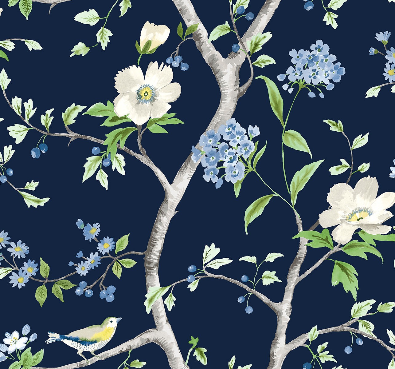 Lillian August Floral Trail Navy Blue & Spring Green Wallpaper Sample LN21312