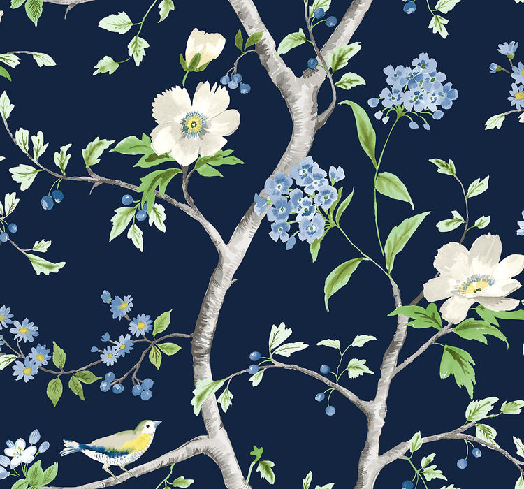 Lillian August Floral Trail Navy Blue & Spring Green Wallpaper Sample LN21312