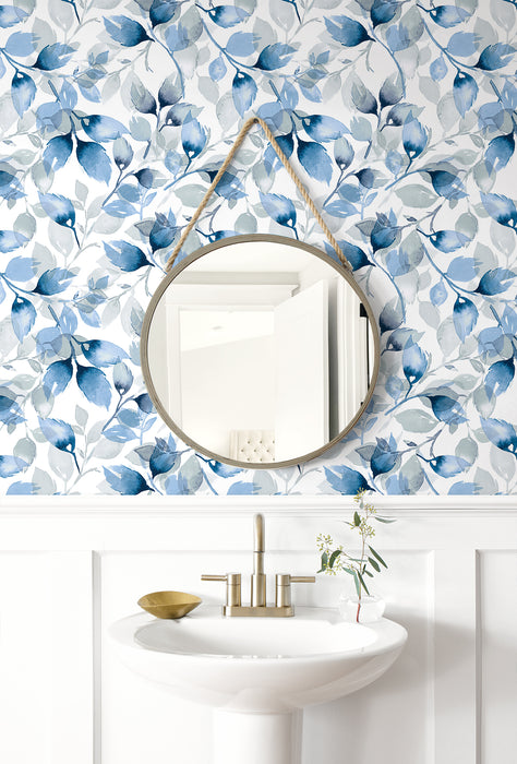 Lillian August Watercolor Tossed Leaves Blue Lagoon Wallpaper Sample LN31102