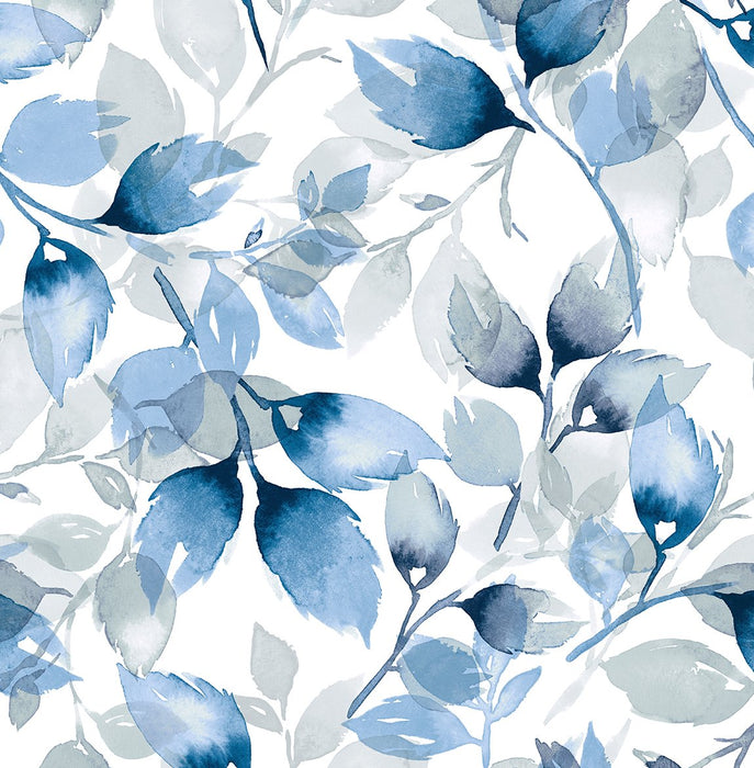 Lillian August Watercolor Tossed Leaves Blue Lagoon Wallpaper Sample LN31102
