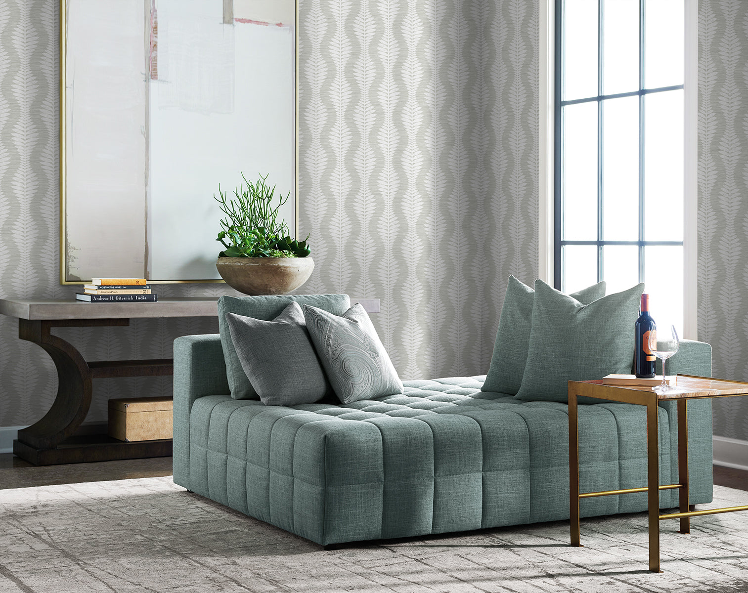 Lillian August Carina Leaf Ogee Sea Salt Wallpaper Sample LN40518