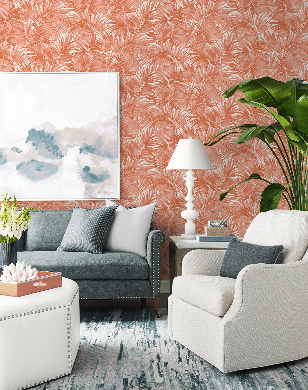 Lillian August Cordelia Tossed Palms Coral Wallpaper LN40706