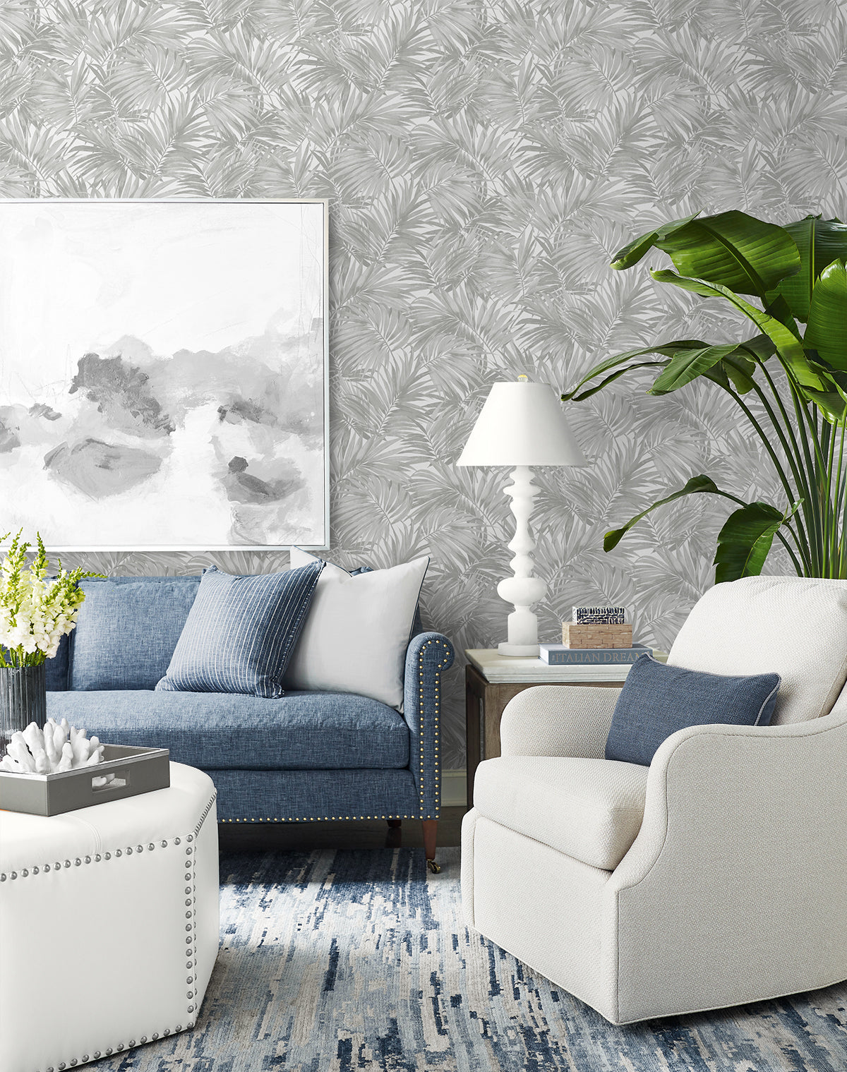 Lillian August Cordelia Tossed Palms Argos Grey Wallpaper LN40708