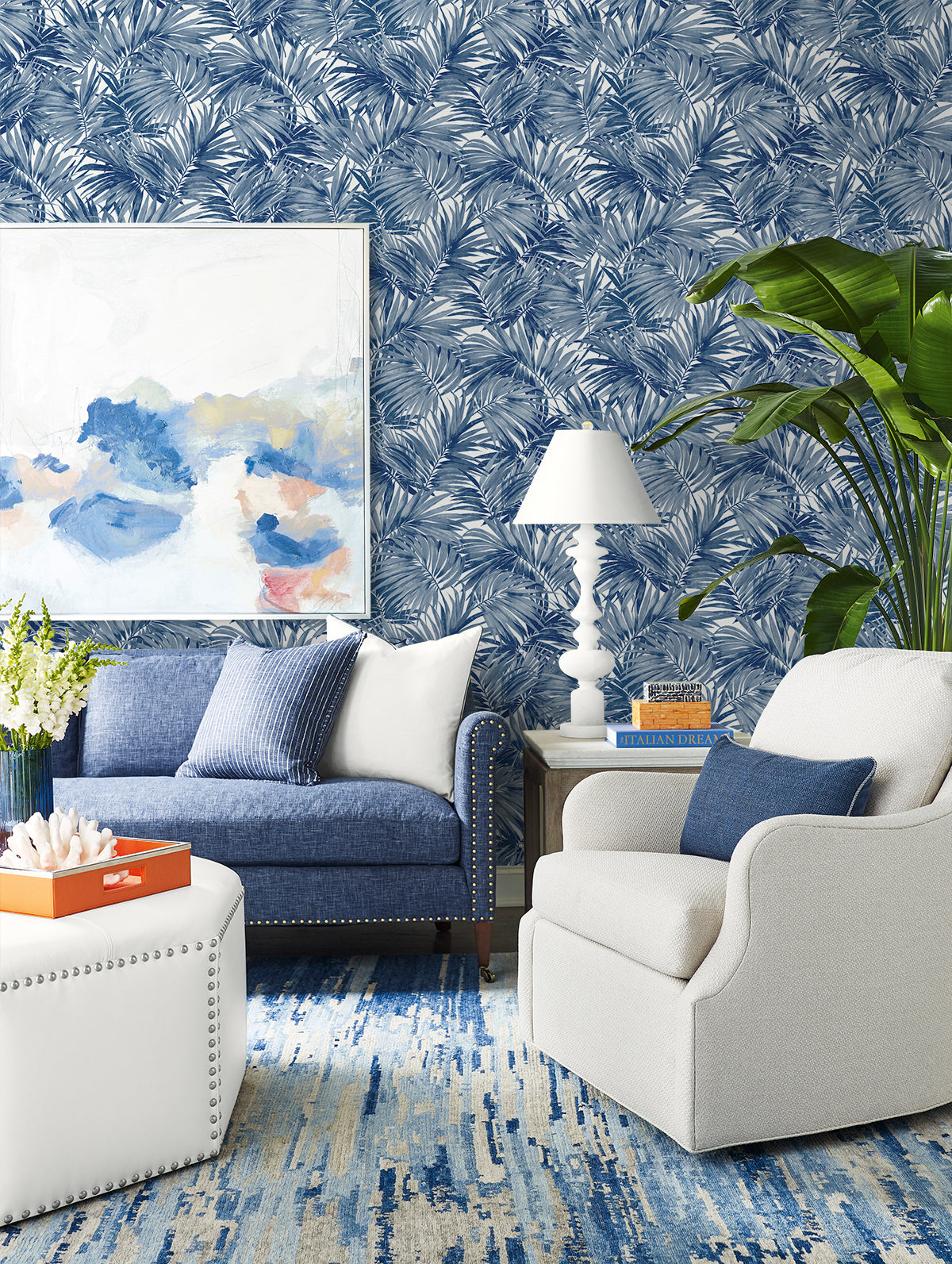 Lillian August Cordelia Tossed Palms Pacific Blue Wallpaper LN40712