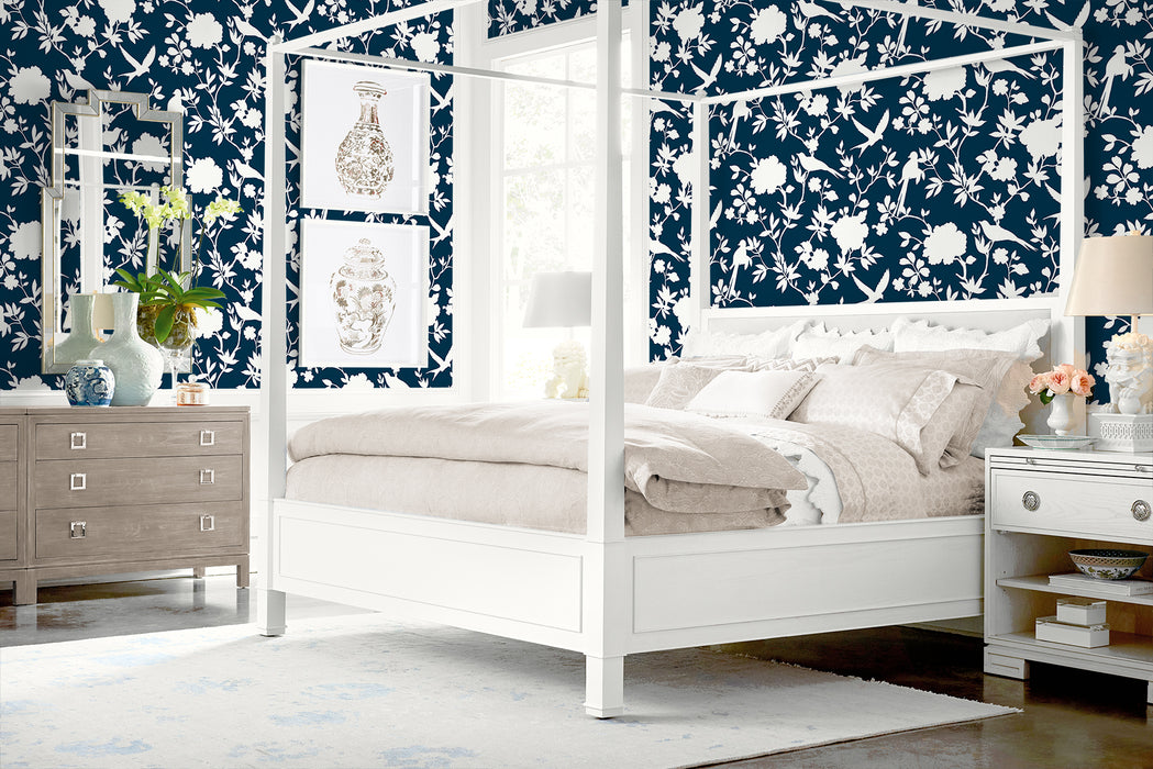 Lillian August Kauai Bird Toile Denim Blue Wallpaper LN40902