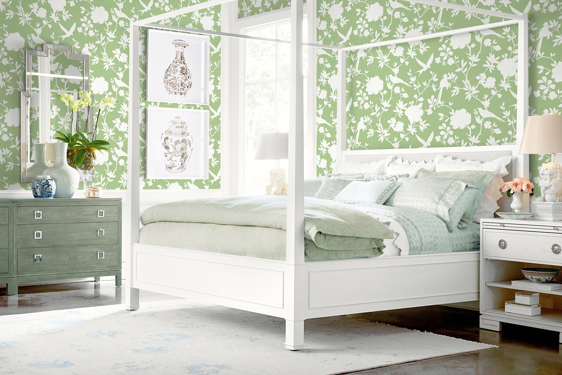 Lillian August Kauai Bird Toile Seacrest Green Wallpaper Sample LN40904