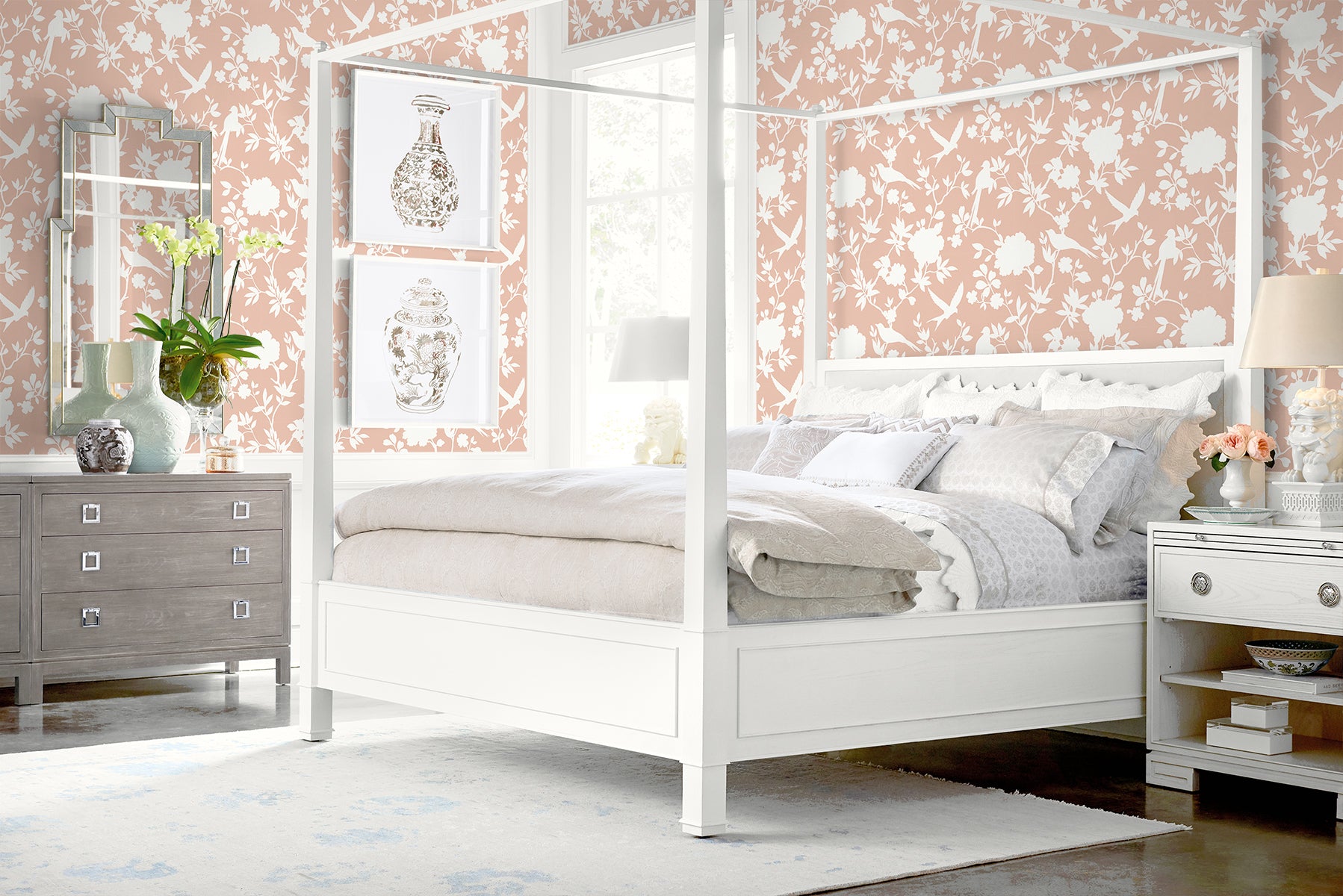 Lillian August Kauai Bird Toile Peach Petal Wallpaper Sample LN40906