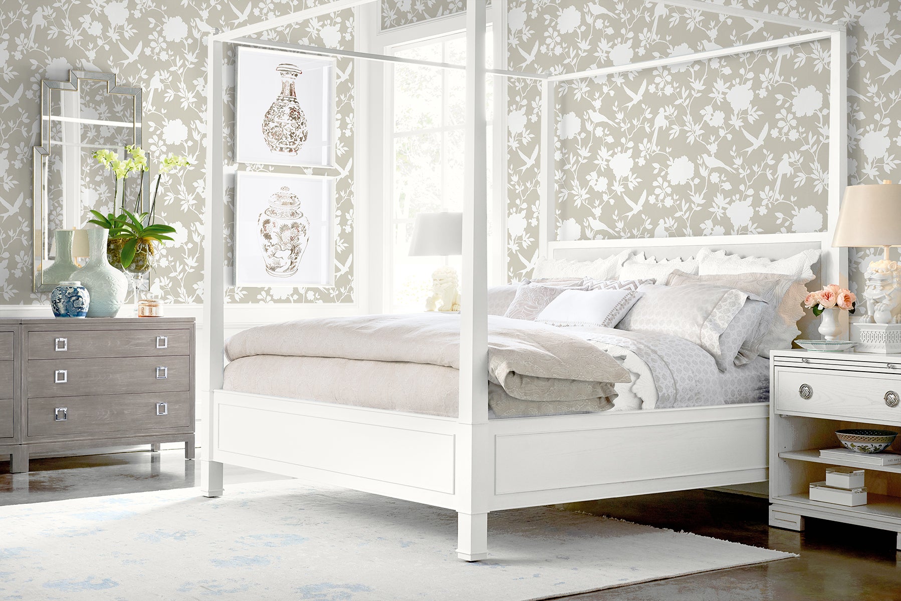Lillian August Kauai Bird Toile Argos Grey Wallpaper Sample LN40907