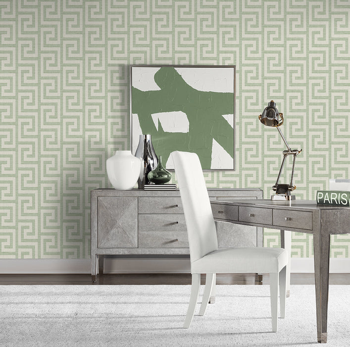 Lillian August Luna Retreat Greek Key Green Ivy Wallpaper LN41204