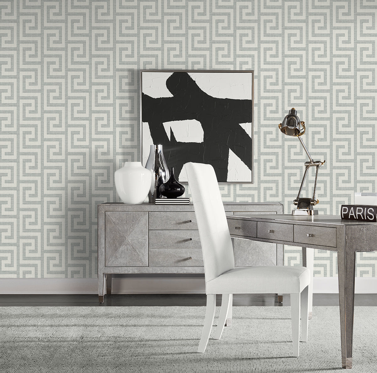 Lillian August Luna Retreat Greek Key Pewter Wallpaper LN41208