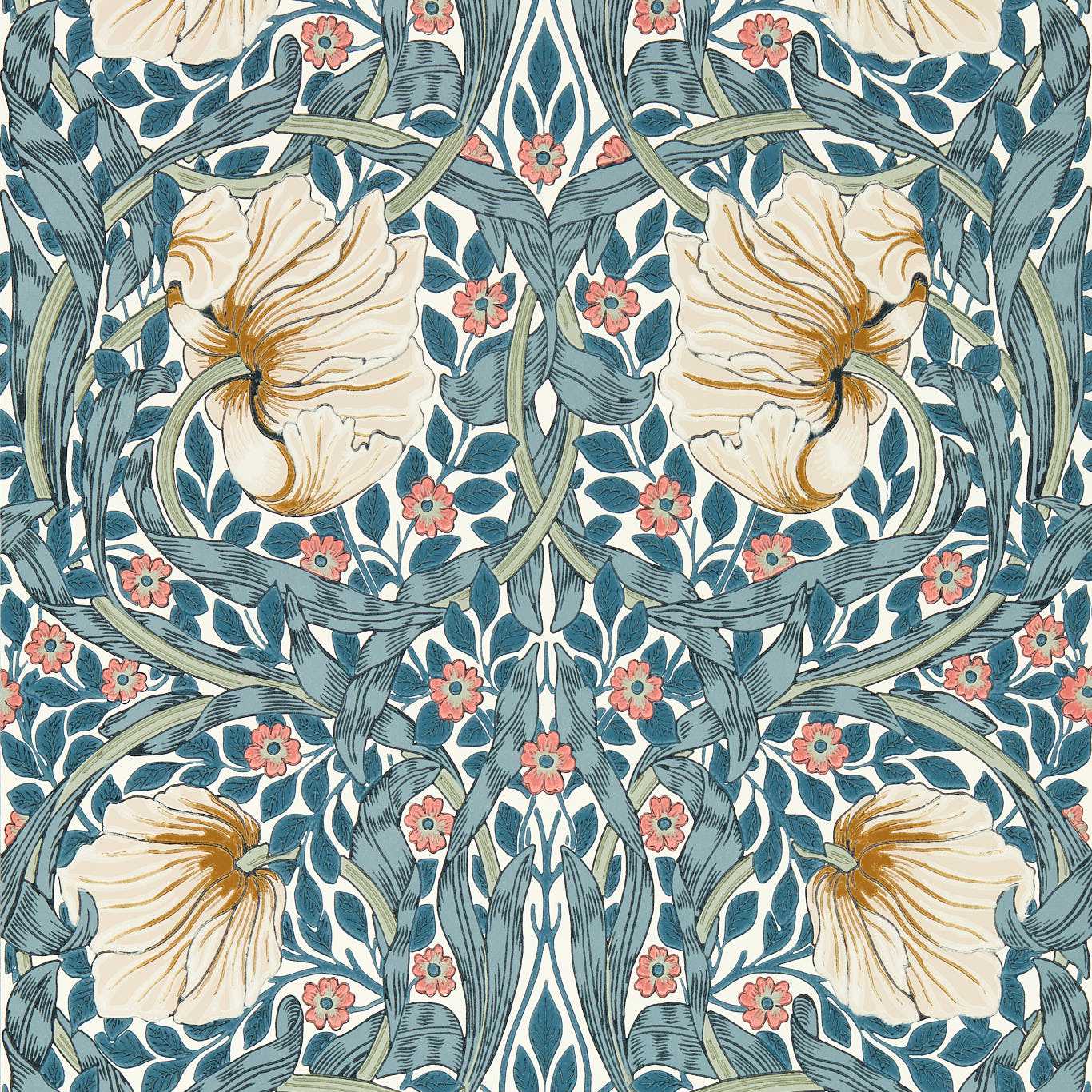 Morris & Co Pimpernel Woad/Coral Wallpaper Sample MFRW217363