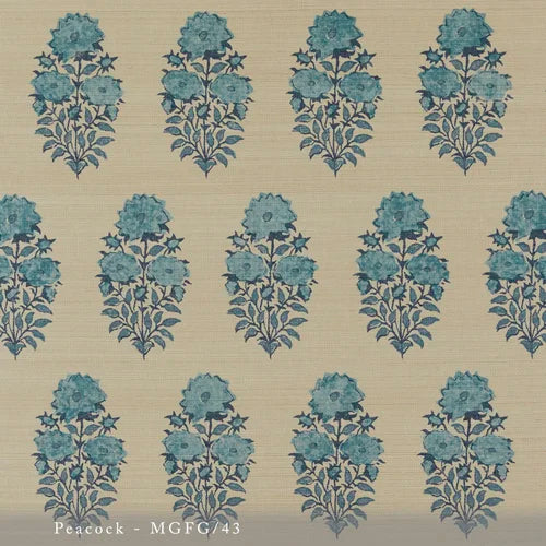 Lisa Fine Mughal Flower Grasscloth Peacock Wallpaper Sample MGFG-43