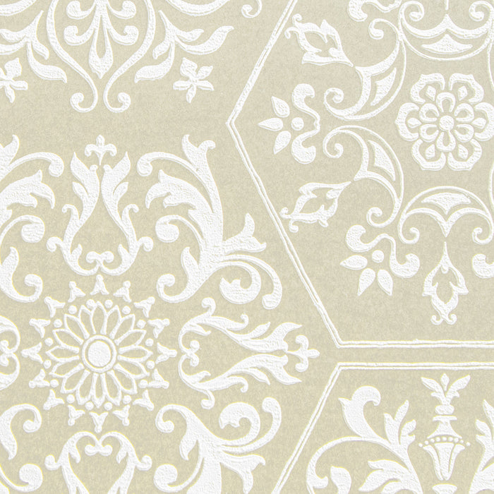 Maya Romanoff Serigraph Brocade Adorned Vanilla Wallpaper Sample MR-SPB-1X14