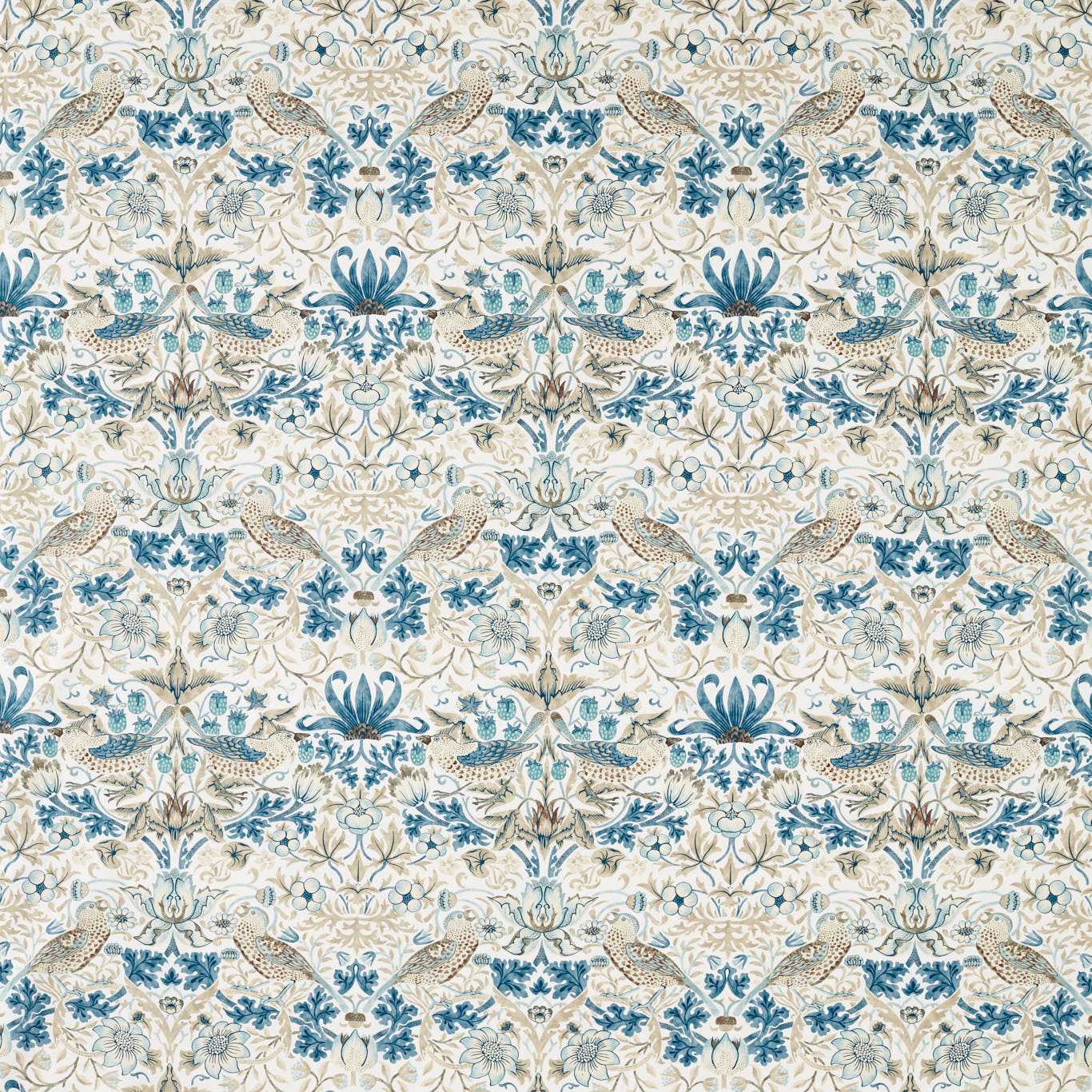 Morris & Co Strawberry Thief Ww Mineral Blue/Linen Fabric Sample MSWW227287