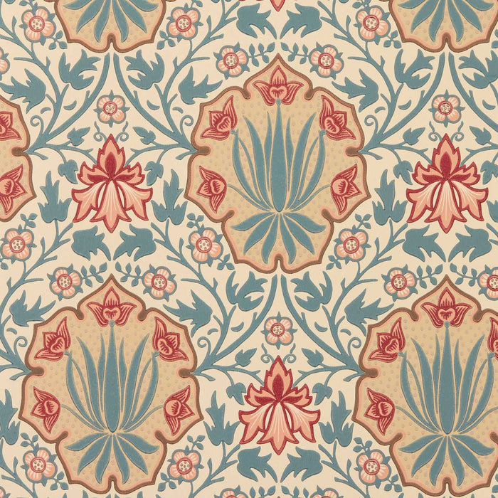 Morris & Co Iris & Rose Indigo/Crimson Wallpaper Sample MUNW217566