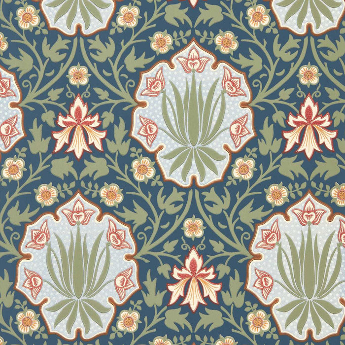 Morris & Co Iris & Rose Indigo/Thyme Wallpaper Sample MUNW217568