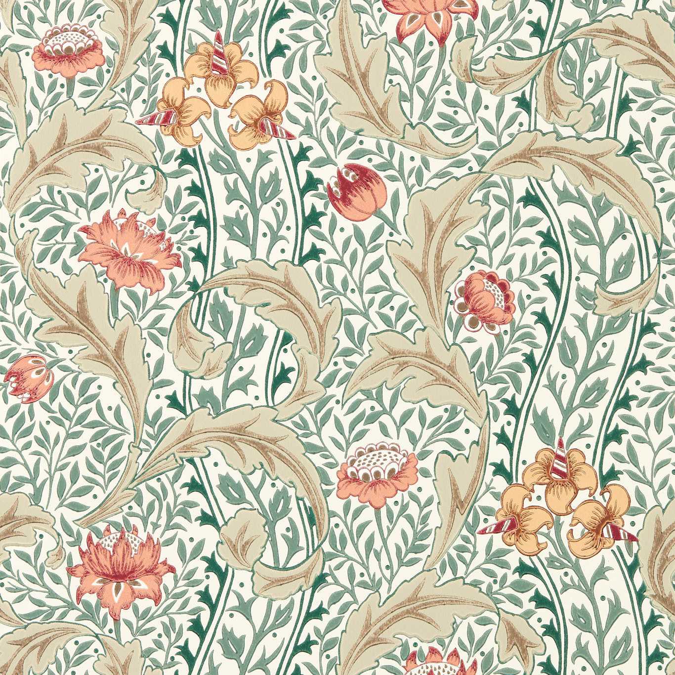 Morris & Co Wild Tulip & Vine Coral/Teal Wallpaper Sample MUNW217578