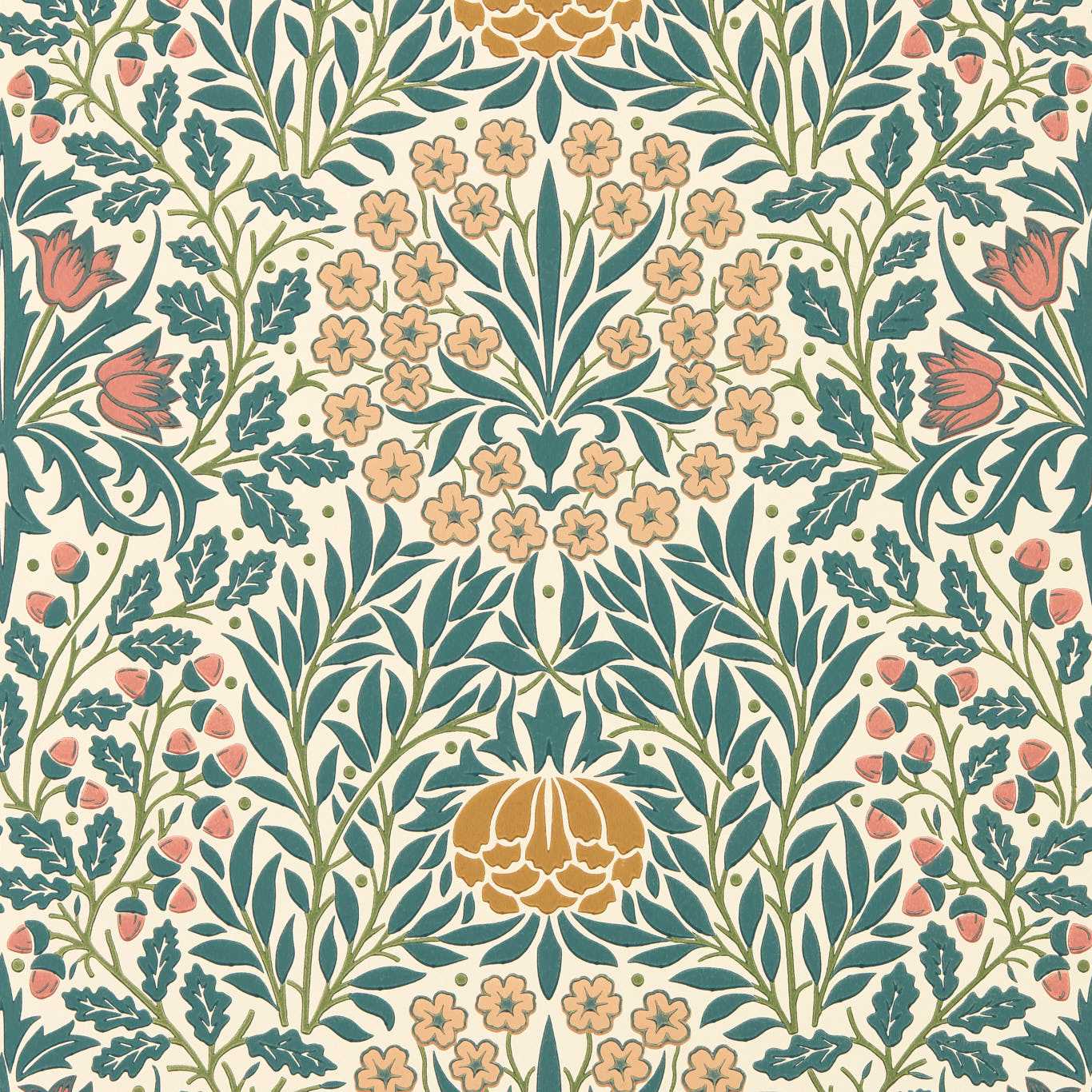 Morris & Co Daisy & Oak Madder/Teal Wallpaper Sample MUNW217586
